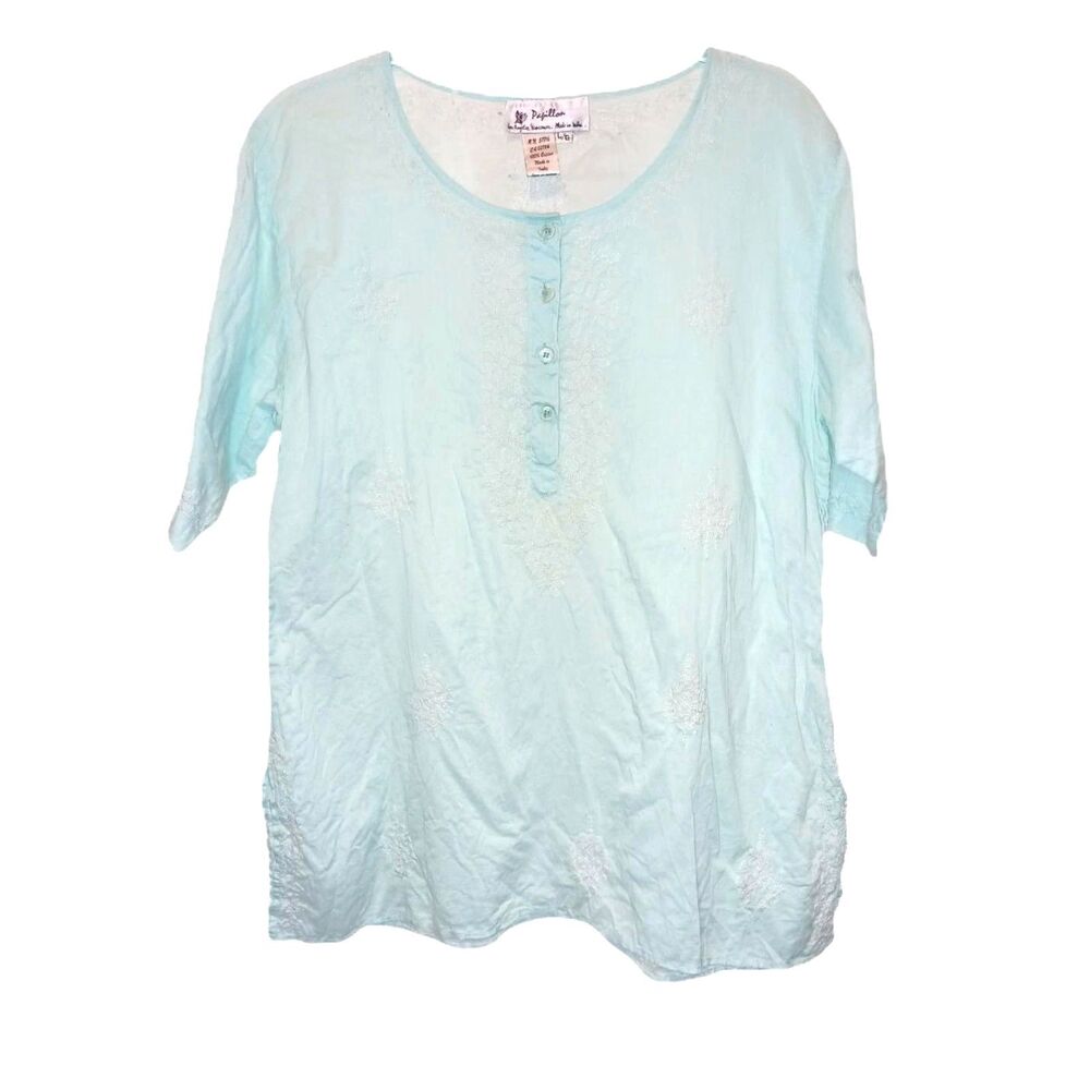 Papillon Light Teal Embroidered Button Front Shirt Size L Boho Spring Summer Sun
